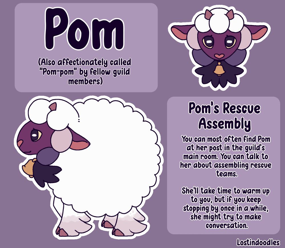 A digital artwork reference for a Wooloo Pokemon OC. Her braids are tied under her chin with a little golden bell between the ends. From top to bottom, the braids gradient from a light tan color to a dark grayish purple. Her legs are fluffy, colored white like the majority of her body, besides the light tan color at the ends of them. The dark brown color of her face has a purplish hue to it.