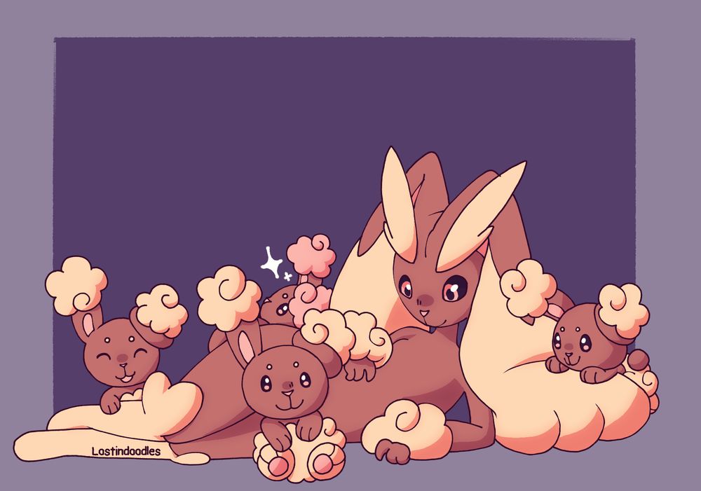 A digital art drawing of lopunny from pokemon, along with four buneary. The lopunny is laying on its side, and propping itself up with one of its arms. The other arm is rested on its side, and it's ears are draped on the ground. There is a buneary behind its legs, with its eyes closed with a cheerful expression. Another buneary lays on top of one of lopunny's ears. A third buneary sits directly in front of lopunny. There is a final, forth buneary behind lopunny peeking over lopunny's back, it is shiny.