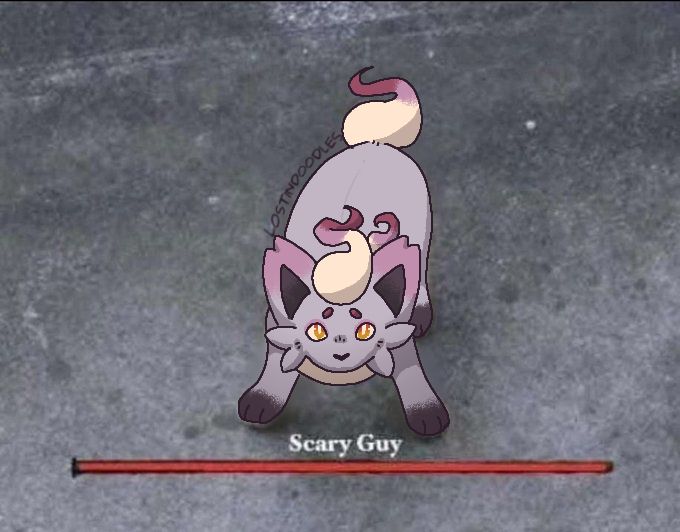 Digital drawing of a hisuian zorua traced over a meme of a cat in a battle-stance. There is a red healthbar underneath the hisuian zorua labeled "Scary Guy"