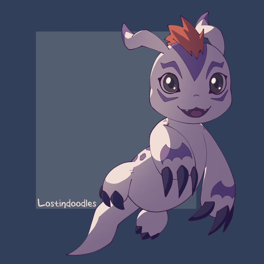 A digital drawing of Gomamon from digimon. It is looking at the POV with a open mouthed smile.