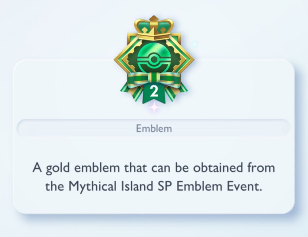 A screenshot of a reward screen in TCG Pocket. It is a gold emblem from the current Mythical Island SP Emblem Event.
