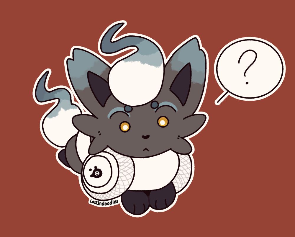 Digital drawing of a shiny hisuian zorua from Pokemon. It is laying down and looking at a pair of headphones that are worn on its neck. It has a speech bubble with a single question mark within it.