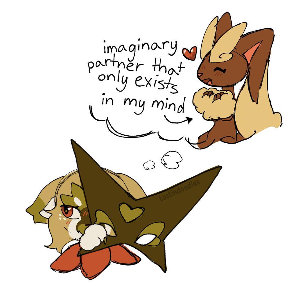 Digital sketch drawing of a meowscarada OC who is shyly holding its mask over half of their face and looking to side. It is thinking of a happy looking lopunny with the caption "imaginary partner that only exists in my mind"
