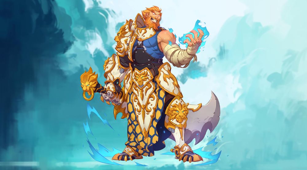 Stylized Image of a blonde man in golden white and blue armor. 