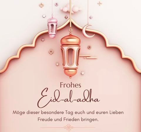Sharepic mit folgender Aufschrift: Frohes Eid-al-adha. Möge dieser besondere Tag euch und euren Lieben Freude und Frieden bringen.

Farben Rosa,Rosegold und blush
