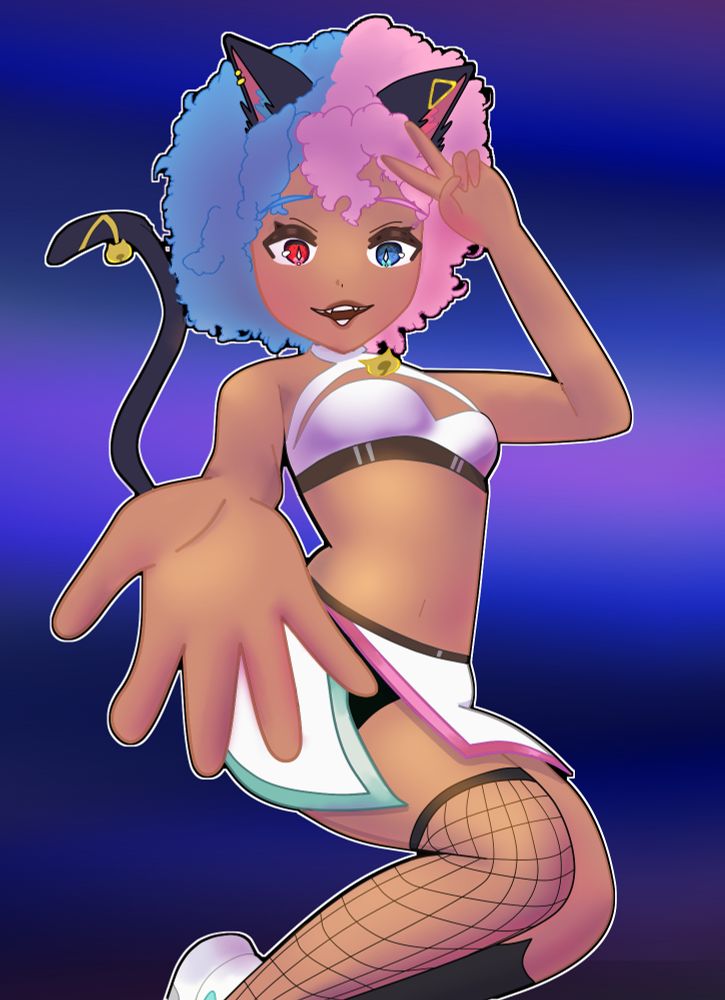 Art piece of SweetsVT, cyberpunk fixer catgirl vtuber, jumping up, holding one hand out towards the viewer, smiling at the viewer