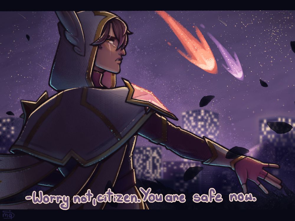 Star Guardian Talon standing in front of us. He is protecting us and telling us not to worry and that we are safe.
