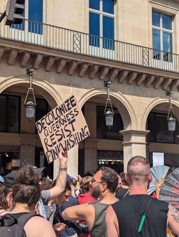 Cardboard sign saying "Decolonize queerness, resist pinkwashing"