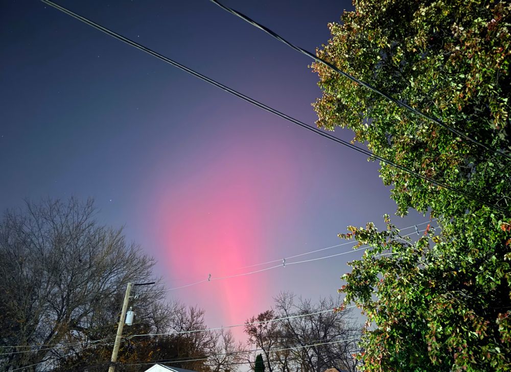 Bright pink aurora visible against the blue of a night sky. Tree visible to the right, and utility lines crisscrossing everywhere.