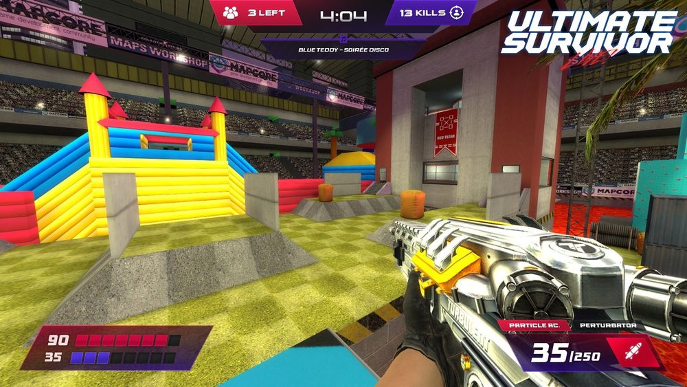 Screenshot of Ultimate Survivor Live: The player is holding a rifle with a car engine on it and is standing in a ridiculously over the top arena set in a stadium.