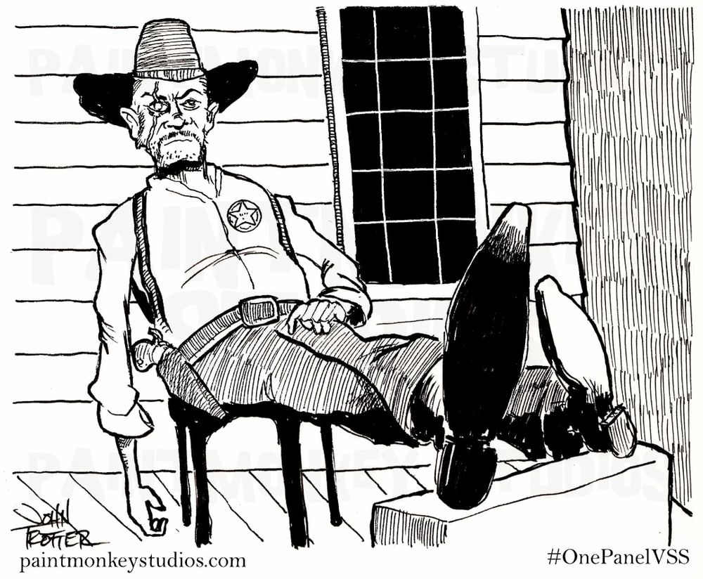Cartoon shows a man leaning back in a chair. He wears a hat and badge and has a scar on his face. 