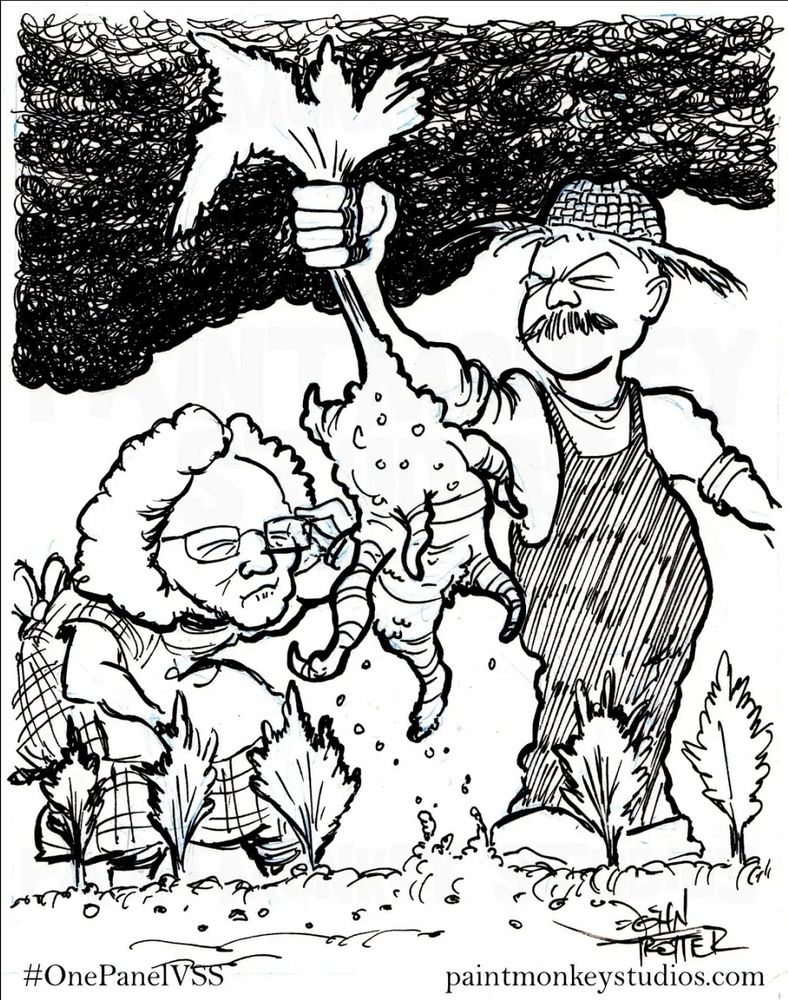 In a garden, a man in overalls holds a strange-looking root vegetable aloft as a woman inspects it. 
