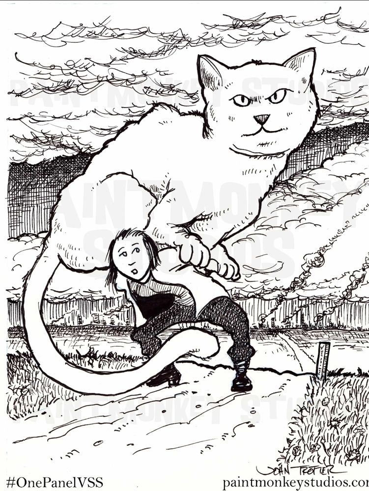 A woman crouches down with a giant cat on her back. 