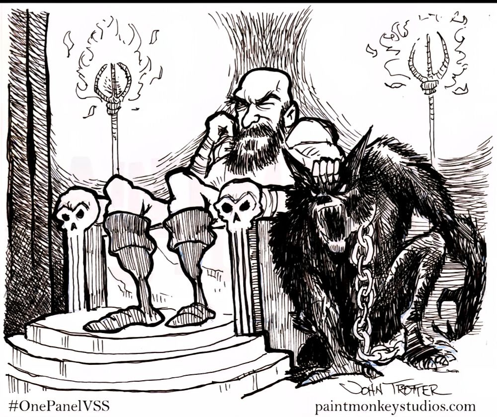 A dwarf king strokes the head of a giant and angry feline as he sits on his throne. 