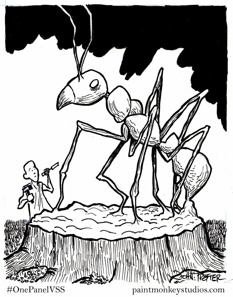 A cartoon of a man carving a giant ant out of a tree trunk. 