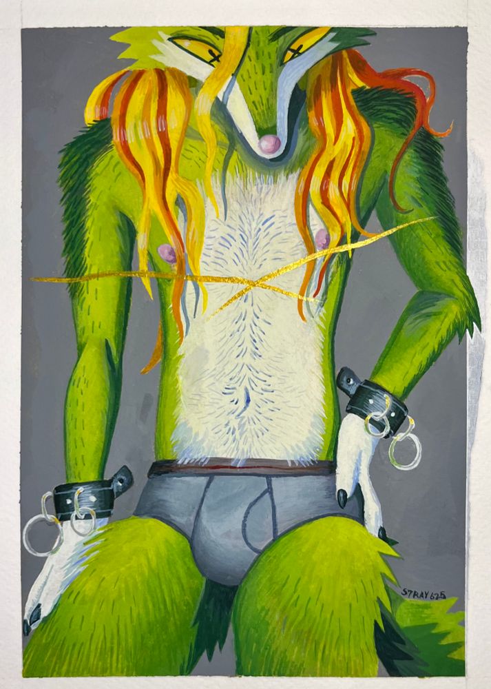 A gouache illustration of a green anthro coyote with long red, yellow, and orange hair. he is wearing grey briefs and o-ring bondage cuffs. His head is tilted down and he is looking at the viewer. 
