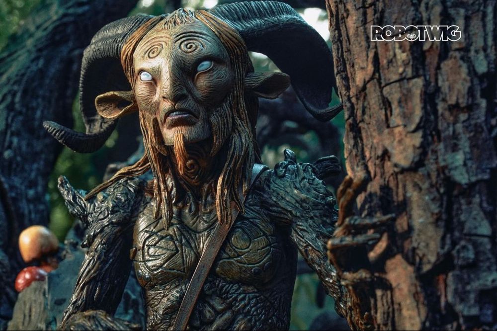 The faun walks through the forest appearing from behind a tree