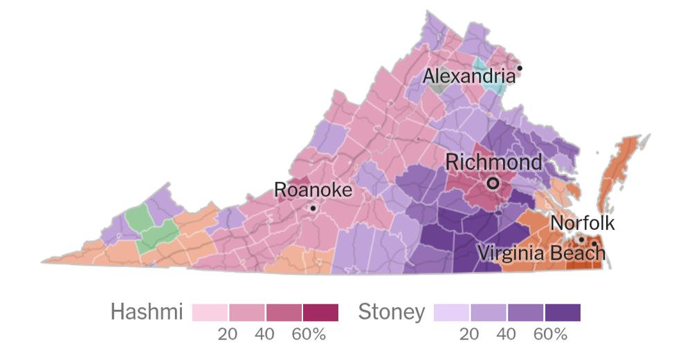 A screenshot from the New York Times showing the 2025 Democratic primary for lieutenant governor vote distribution on a map of Virginia. Stoney, the former mayor of Richmond, is soundly defeated by Hashmi in the Richmond area.