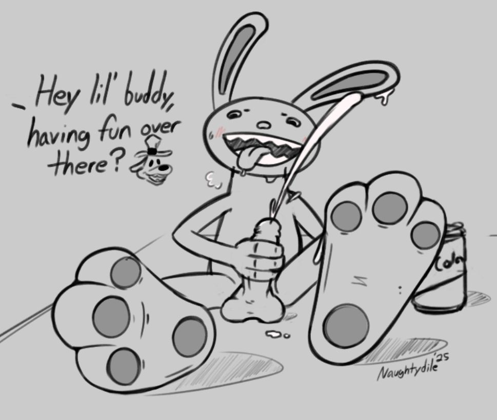 Sam from Sam & Max jerking off with a lustful expression and making a mess while sitting on the floor next to a soda can, undersides of both his paws close to viewpoint, Max off canvas says "Hey lil' buddy, having fun over there?" along with a small icon of his head.