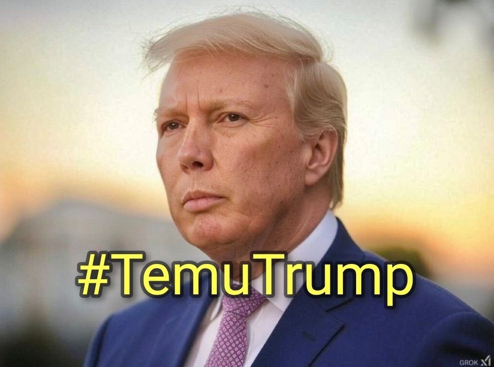 A horrible manip you're better off not seeing of Dutton's and Trump's faces merged together. Text in bright yellow across this cursed image is #TemuTrump