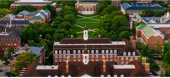 Aerial picture of the University of Illinois at Urbana-Champaign Quad, showing multiple buildings. Including the Illini Union in the foreground and Foellinger Hall at the other end of the main quad.