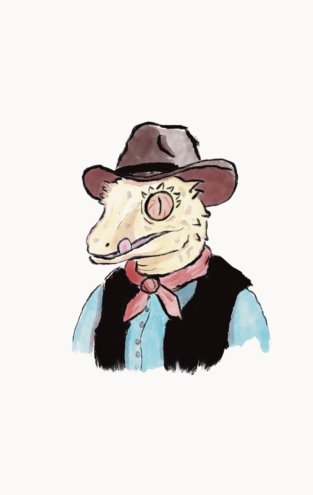 Drawing of a gecko dressed as a vaquero