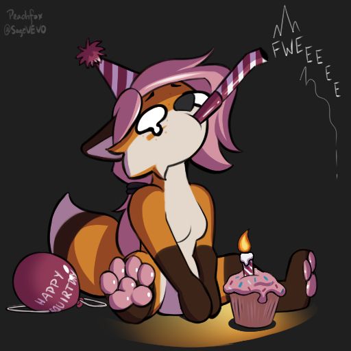 Sagey Wagey sitting in a dark room, illuminated only by the single candle sticking out of her cupcake. She's wearing a pointy birthday hat, and using a noisemaker half-heartedly. Aside her is a balloon that reads "HAPPY SQUIRTDAY"