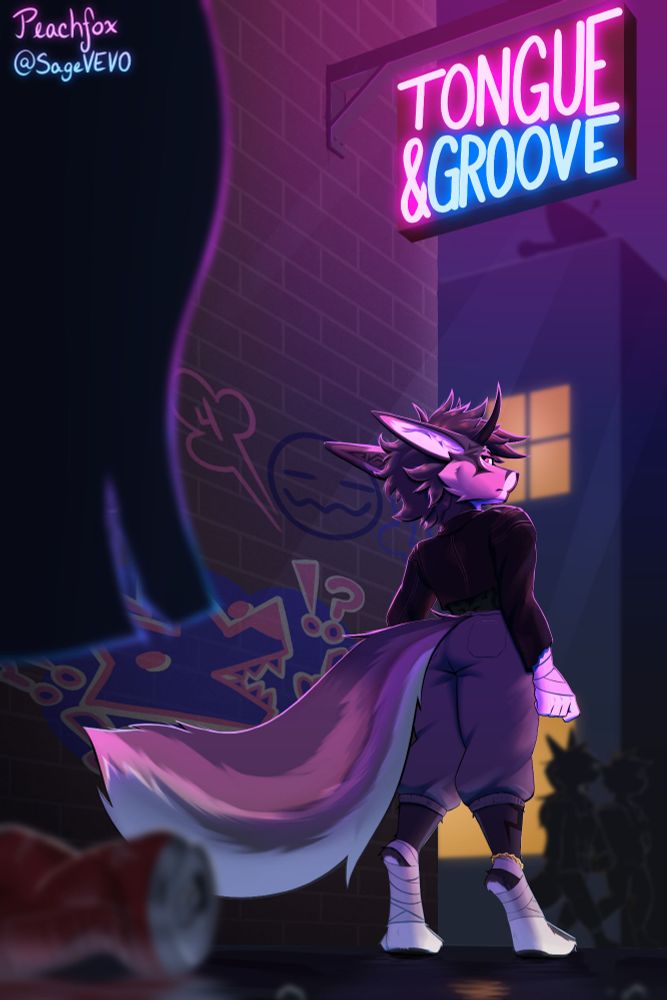 Fuzzy woman (whom I adore) standing in a dark alleyway, looking behind her. Lit mostly by the neon sign above her, reading "Tongue & Groove". Two gays walk by in the background.