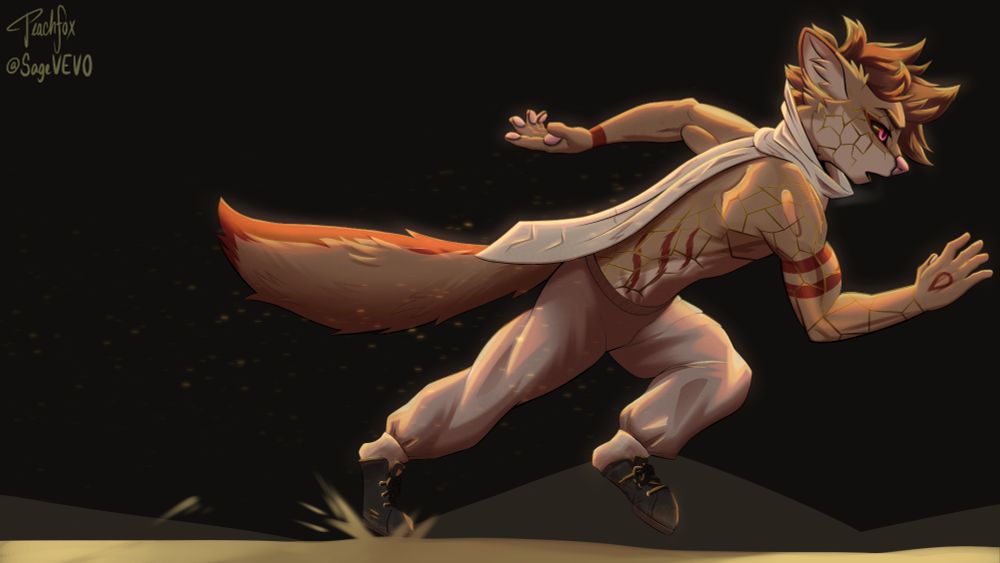 A desert cat with golden cracks running down his left side, sprinting through the sand.
