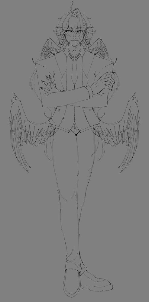 tall male character stands in a pose with his right leg pointed towards the camera and both arms crossed over his chest. he has angel wings at his hips and his neck, and he has thigh length hair. he is wearing a suit jacket and has spider mandibles by his jaw, along with a spiderlike jaw. he has fluffy hair and slightly pointed ears.