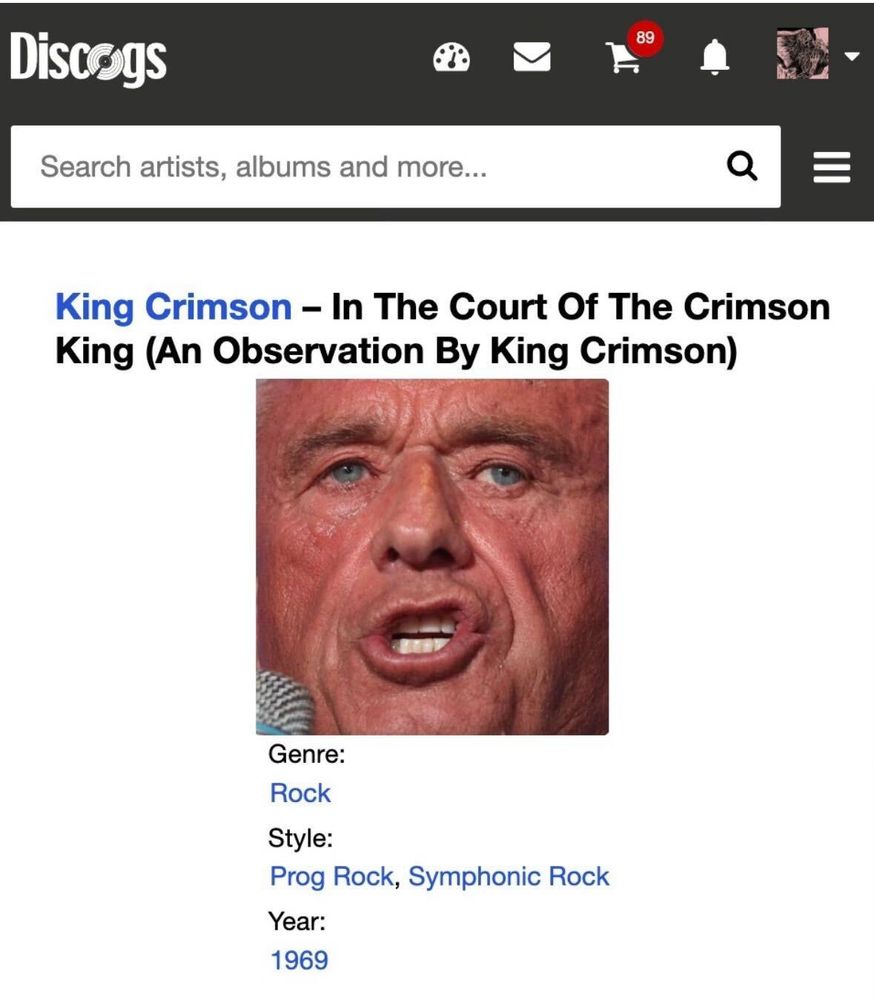 Fake screenshot from Discogs that replaces the face on King Crimson’s In the Court of the Crimson King with a similar photo of RFK Jr. Meant as a joke.
