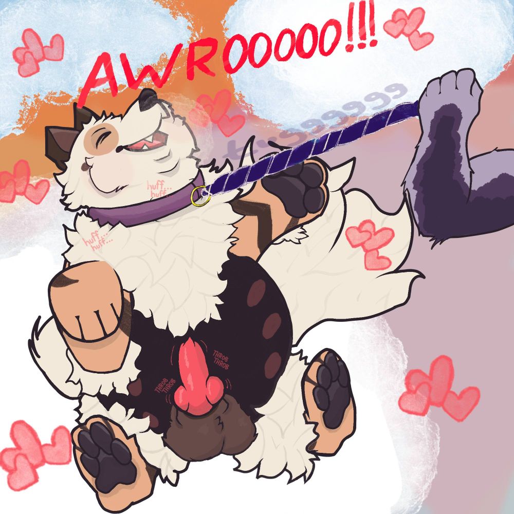 Snarkanine wearing a purple leash and getting tugged, he's in BLISS. He's surrounded by hearts and is floating on heavenly clouds. A werewolf arm off screen is tugging his leash. 
His cock is out and THROBBING.