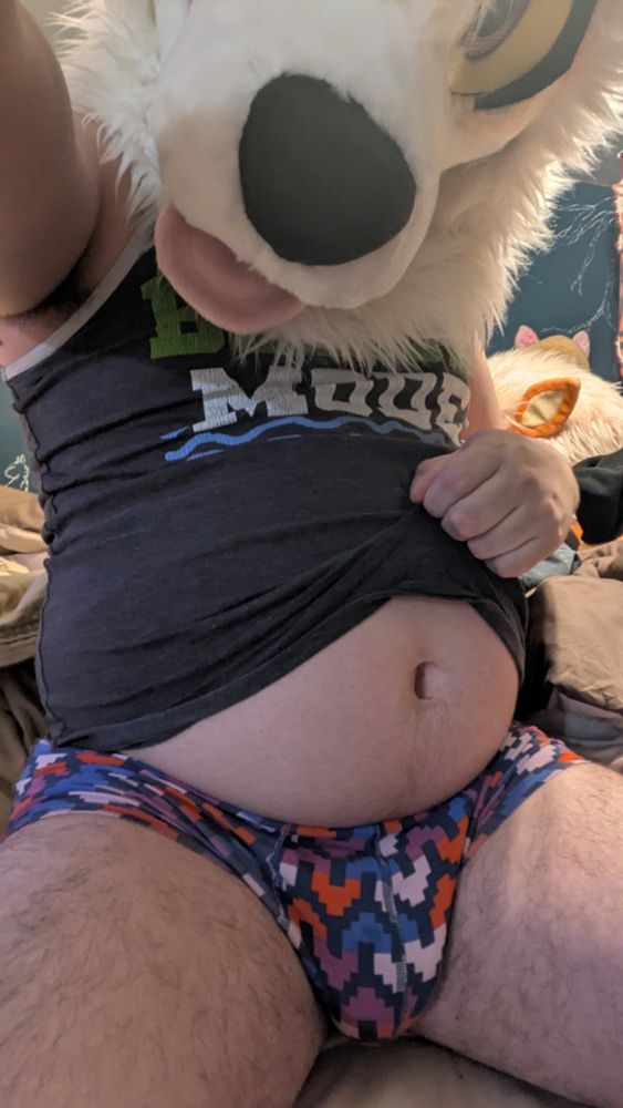 Undies and tummy shot in fursuit. My undies are bisexual colors!