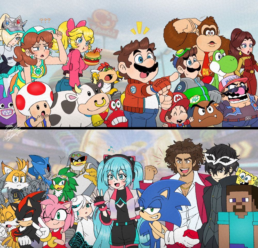 A crossover featuring various characters from Mario Kart World encountering various upcoming characters from Sonic Racing: CrossWorlds. 🏎️🌎 