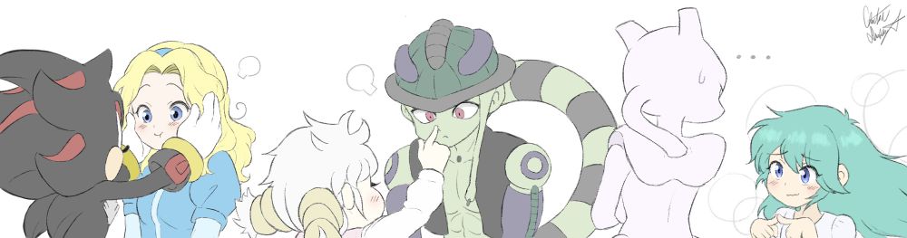 A crossover featuring Shadow, Maria (Shadow the Hedgehog), Meruem, Komugi (Hunter x Hunter), Mewtwo and Amber (Pokémon).