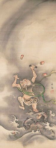 pink demon figure wearing tiger skin loin cloth viewed from behind; PR ankle of demon in the claw of a crab emerging from the water at bottom; demon has bar bell shaped object in PR hand; three red cylinders in the air
This humorous pair of scrolls shows the gods of wind and thunder being ambushed by worldly creatures. On the left, the Wind God, identifiable by the deflated wind-producing bag at his side, has been captured by a swooping hawk. On the right, the Thunder God has abandoned the drums he uses to produce the sound of thunder while attempting to escape the pincers of a crab. This lively theme was popular with the Kanō painting school during the Edo period, so the fact that Eikai, who studied under literati painter Tani Bunchō, took on this subject is rather exceptional. (2013.30.19.1-.2)