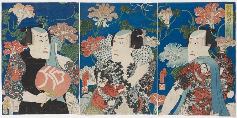 unattached triptych; three tattooed male figures against blue background with morning glories; each figure has a blue towel, and intricate tattoos
Actors Ichikawa Ichizō III (R), Kawarazaki Gonjūrō I (C), and Nakamura Shikan IV.