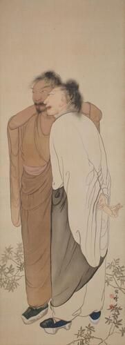 two men standing closely gazing to L; man in rear has darker complexion; wears brown robes with green shoes; hands appear to be held up behind neck; man at front has paler complexion; wears white and gray robe with blue shoes; standing in profile; both men have wispy facial hair and large, narrow eyes; scattered foliage near their feet