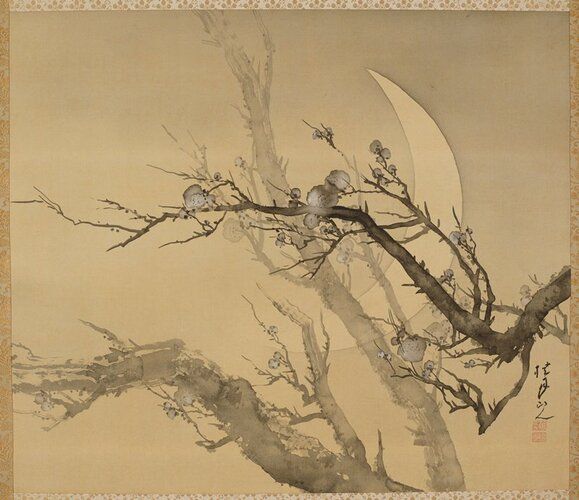 gnarled branches with blossoms against crescent moon in background; larger branches rising up from lower center; darker branch in foreground entering from R