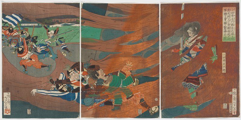 three separate sheets; man at right with his back to and partially covered by radiating orange flames, with mouth open and hair blowing forward; four men fall on top of each other at center, with flakes around them; other fleeing men in ULQ