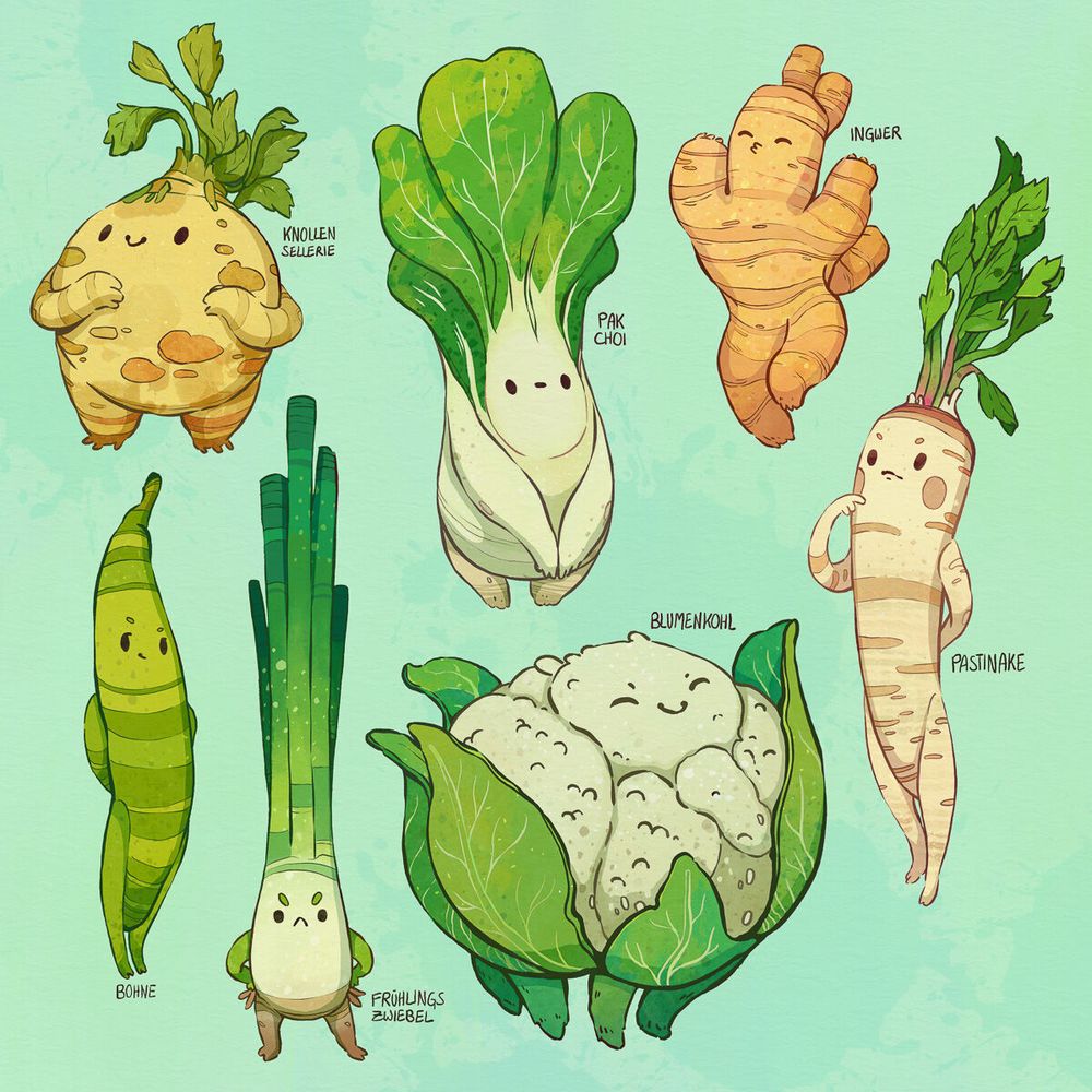 illustration of cute veggie characters like a cauliflower and a bean in different poses and emotions