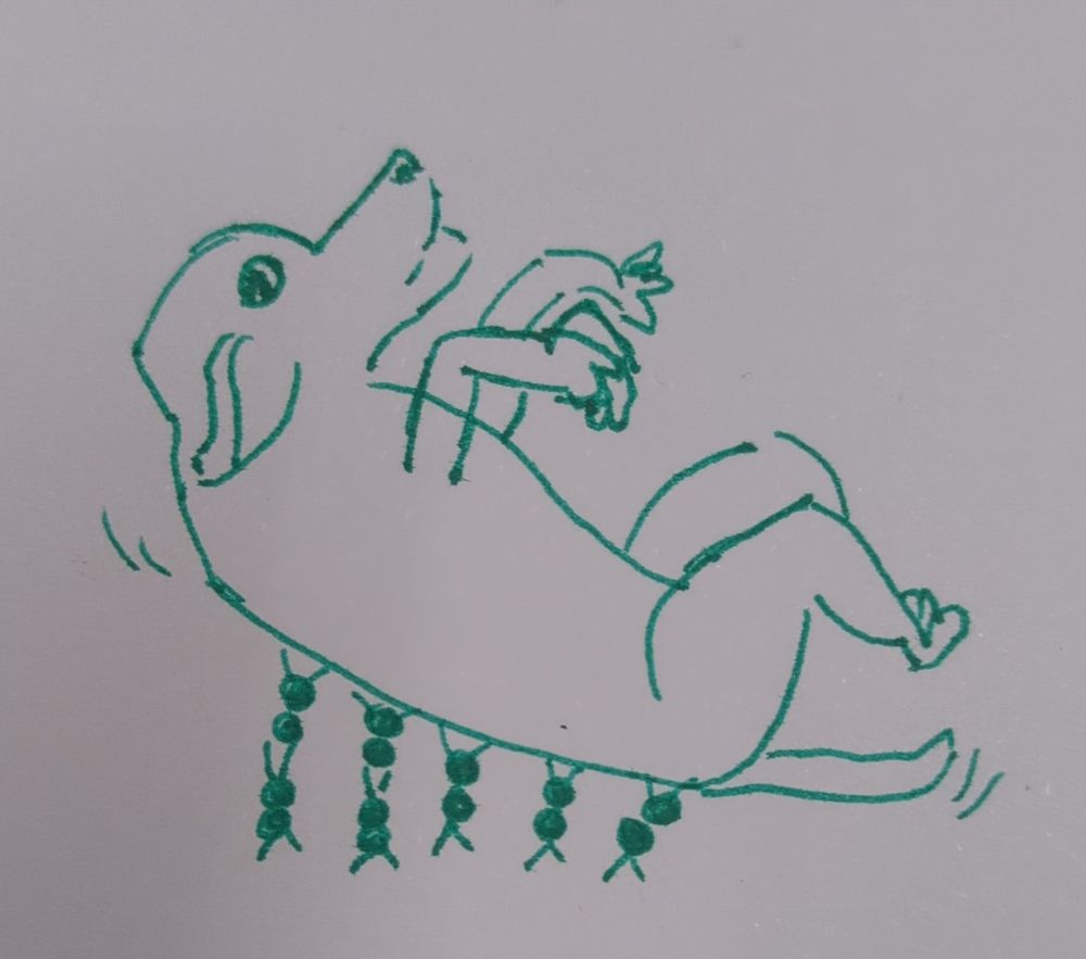 Un dibujito hecho por mí con boli verde. Es remi panza arriba y un montón de hormigas se lo están llevando pa comerselo