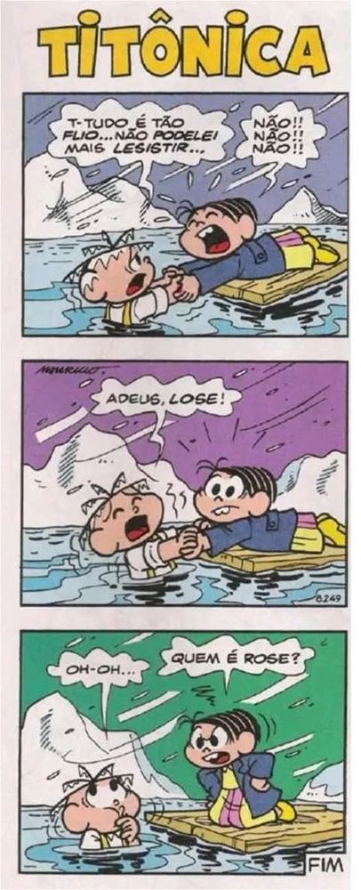 No filme, Titanic o Ator Cebolinha DiCaprio, está agarrado em destros do 🚢, que acabou de afundar ele começa a se despedir da atriz, do filme, e olha o que aconteceu