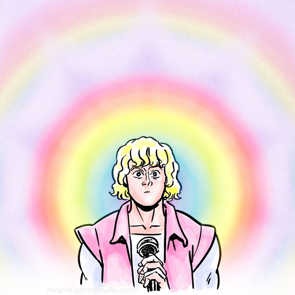 A ink and watercolor comic featuring The Champion and The Serpent dressed as Prince Adam and Orko from He-Man and the Masters of the Universe. Panel 5 The Champion is mesmerized as the music starts, rainbow light radiating behind her.