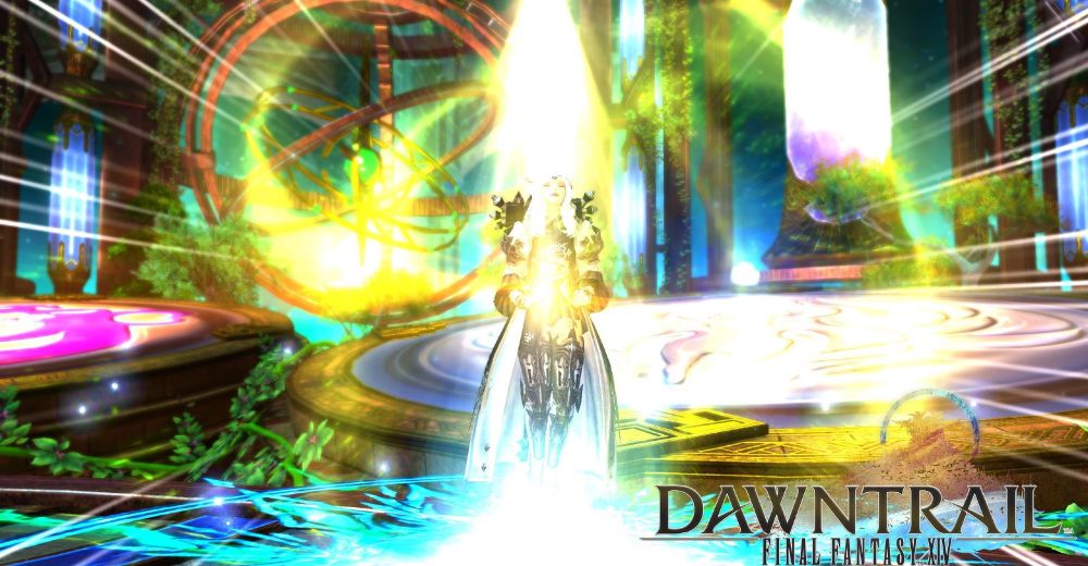 FFXIV Screenshot: A Miqote female in white and black armor channeling a spell. Bright lights and a rainbow of light is all around her in a defeated treasure dungeon chamber. The words Dawntrail and Final Fantasy XIV are stamped as a logo in the bottom right.