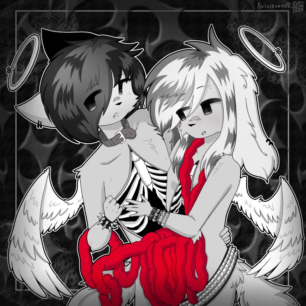 prompt: consenual gore. one emo cat angel and one scene dog angel both spill their guts