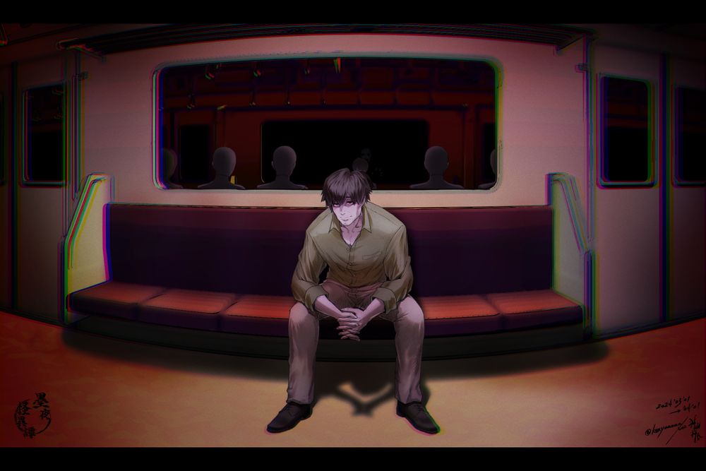 電車内で真正面の席に葦宮誠が座ってこちらを見ているイラストです。彼の後ろの窓には自分(視点主)が反射して写っていますが、何故か彼の隣の席には誰もいない筈が窓にだけマネキンが葦宮の列全ての席に座るように写っています。気のせいか、窓に写る自分の背後には人の顔のようなものが薄く見えています。