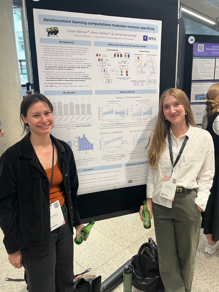 Nora Harhen and Susan Benear present a joint poster for RLDM 2025 entitled "Reinforcement learning computations modulate memory specificity".