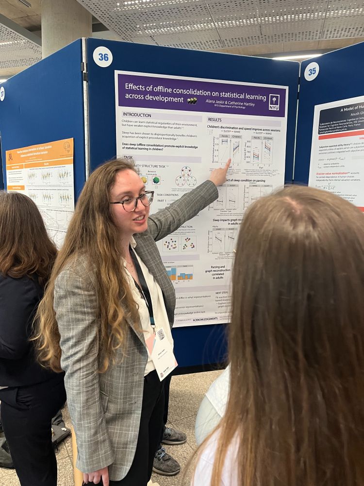 Alana Jaskir presents a poster for RLDM 2025 entitled "Effects of offline consolidation on statistical learning across development".
