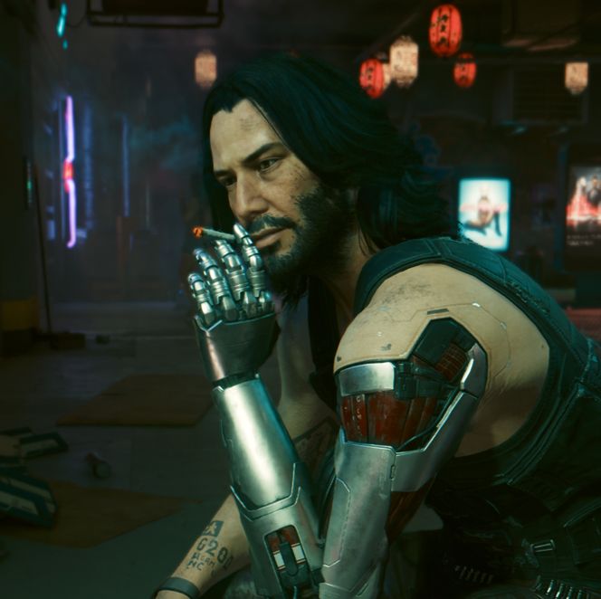 Johnny Silverhand lookin' cool, smoking a cigarette (which I need to say I do not recommend but have to admit it does look pretty cool).